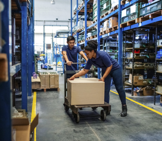 Distribution warehouse workers moving boxes in plant. Man and woman in uniform working in a large warehouse.