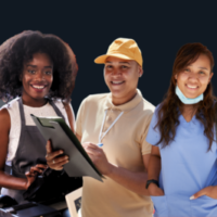 Five multiracial worker cutouts on a slate background.