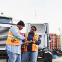 Two mature African-American workers at a freight transportation company conversing, looking at the clipboard that the man is holding. Semi-trucks and trailers with cargo containers are in the background.